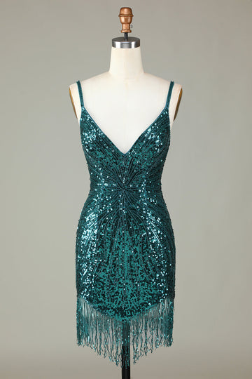 Guaina Spaghetti Straps Peacockt Blue Paillettes 1920s Dress con nappa